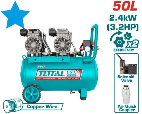 Total TCS2240508 AIR COMPRESSOR SILENT AND OIL FREE كمبريسر هواء 50 لتر راسين صامت بدون زيت