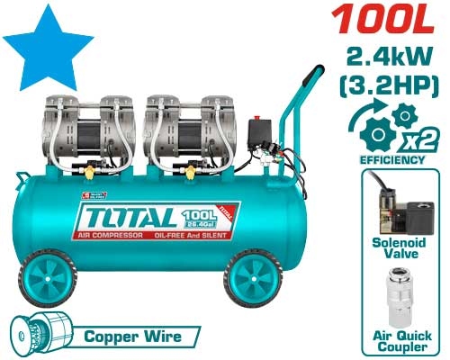 Total TCS2241008 AIR COMPRESSOR SILENT AND OIL FREE كمبريسر هواء 100 لتر راسين صامت بدون زيت