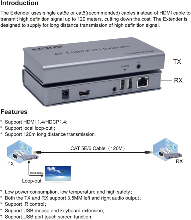 HAING HI-0120-HKE 4K HDMI EXTENDER WITH USB KVM 120M