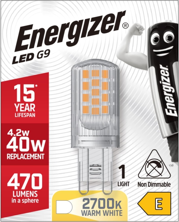 لمبة G9  بكلة Energizer G9 LED Light Bulb. 4.2W (40w Halogen Equivalent) 220-240V. 470 Lumens. Bi-Pin Base Energy Saving. Warm White 2700k