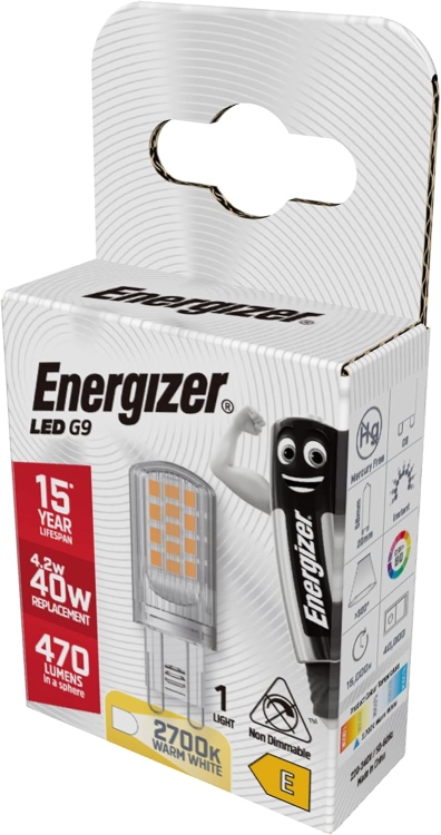 لمبة G9  بكلة Energizer G9 LED Light Bulb. 4.2W (40w Halogen Equivalent) 220-240V. 470 Lumens. Bi-Pin Base Energy Saving. Warm White 2700k