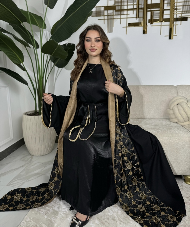 Gold & Black Jalabiya With Long Sleeve Dress الشيخة