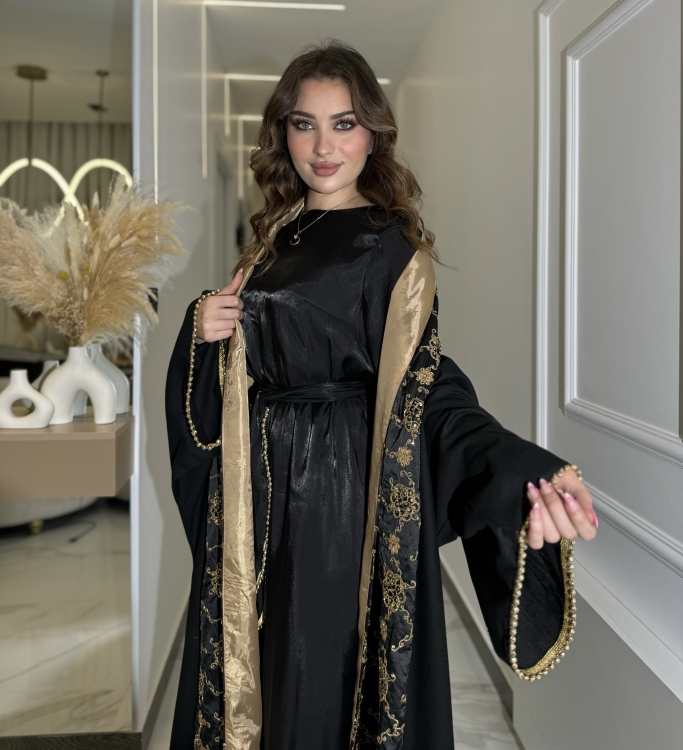 Gold & Black Jalabiya With Long Sleeve Dress الشيخة