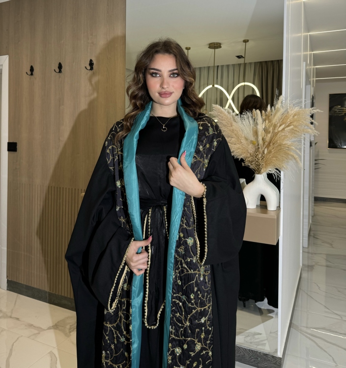 Blue & Black Jalabiya With Long Sleeve Dress الشيخة