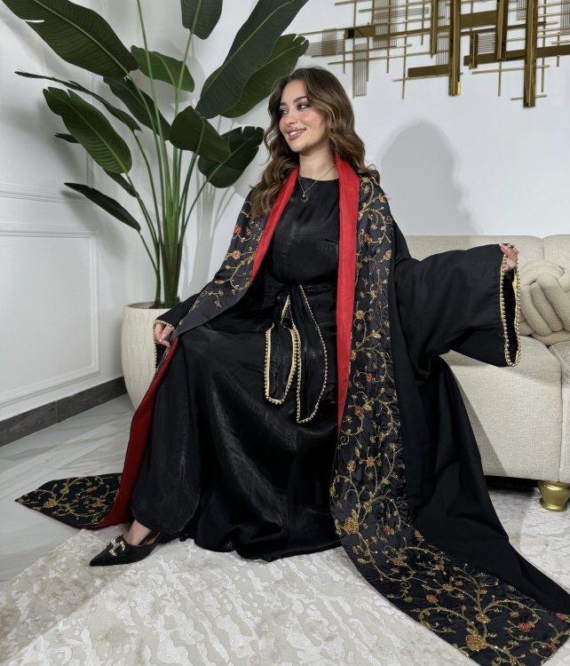 Red & Black Jalabiya With Long Sleeve Dress  الشيخة