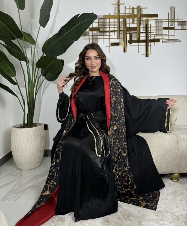 Red & Black Jalabiya With Long Sleeve Dress  الشيخة