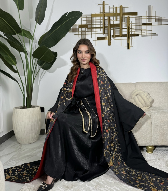 Red & Black Jalabiya With Long Sleeve Dress  الشيخة