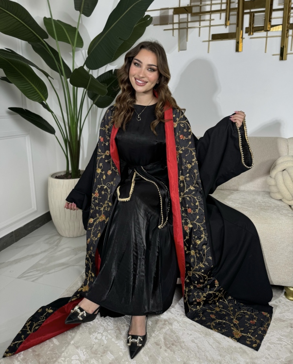 Red & Black Jalabiya With Long Sleeve Dress  الشيخة