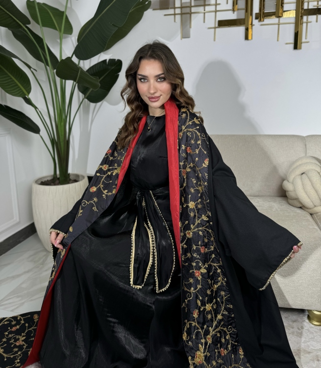 Red & Black Jalabiya With Long Sleeve Dress  الشيخة