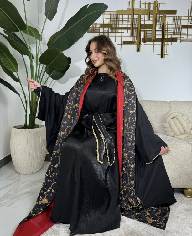 Red & Black Jalabiya With Long Sleeve Dress  الشيخة