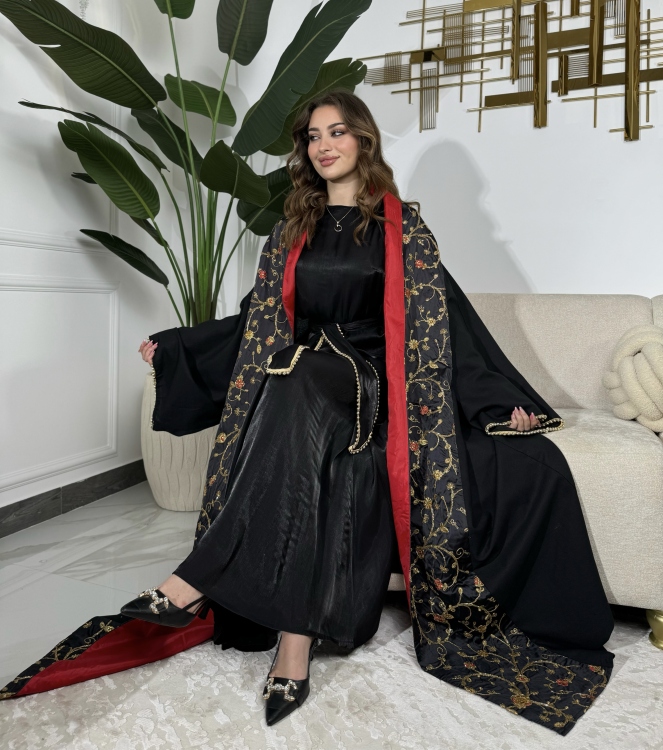 Red & Black Jalabiya With Long Sleeve Dress  الشيخة