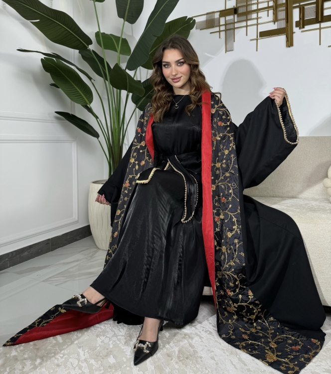 Red & Black Jalabiya With Long Sleeve Dress  الشيخة