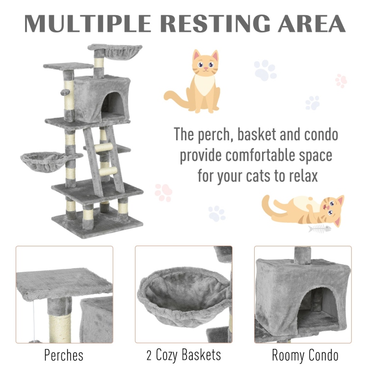 PawHut Multi-Activity Cat Tree w/ House Baskets - Grey