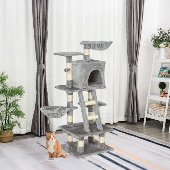 PawHut Multi-Activity Cat Tree w/ House Baskets - Grey