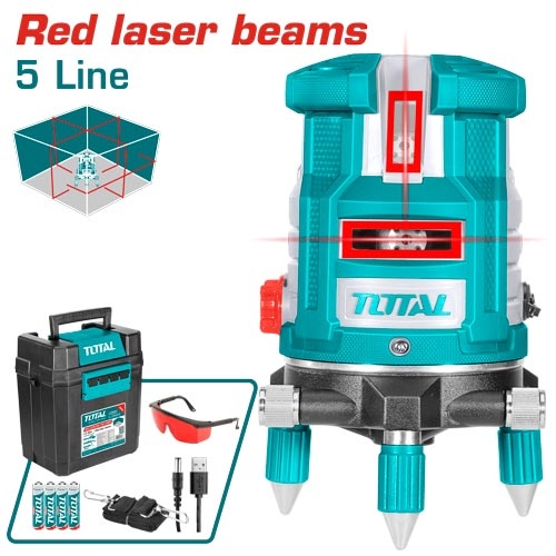 "TOTAL TLL306505 Red laser beams  جهاز ليزر دائري متحرك 5 خط احمر مع ستاند Working Range: 0~30 m"