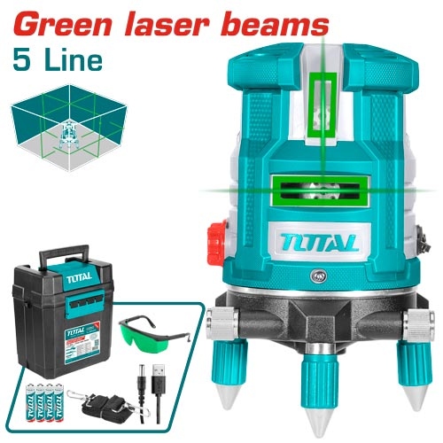 "TOTAL TLL305205 Green laser beams  جهاز ليزر دائري متحرك 5 خط اخضر مع ستاند Working Range: 0~30 m"