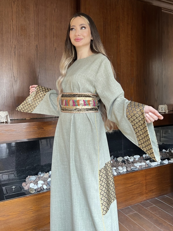 Gold Floral Belted Jalabiya ياسمينه