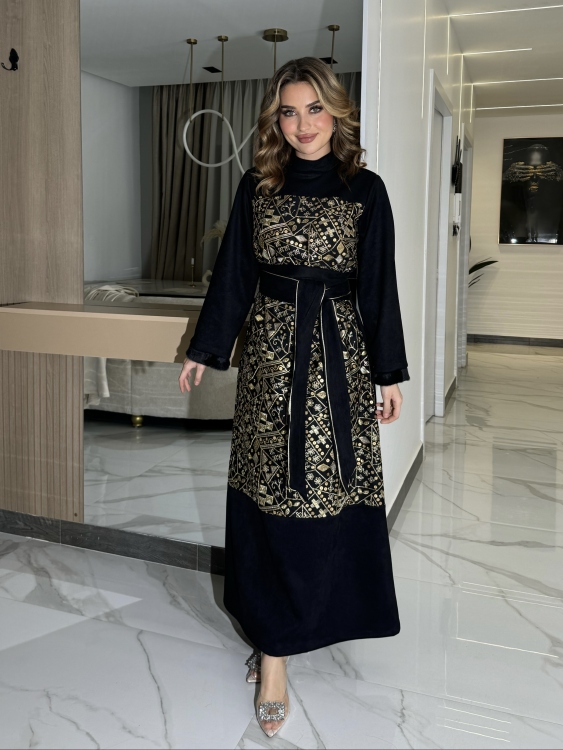 Jalabiya Dress With Fur Collar(دهبي)جلابية الكشخه 