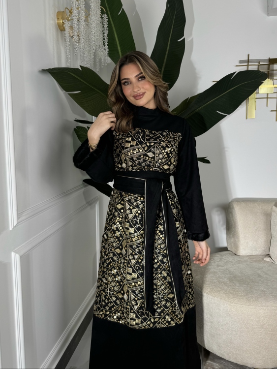 Jalabiya Dress With Fur Collar(دهبي)جلابية الكشخه 