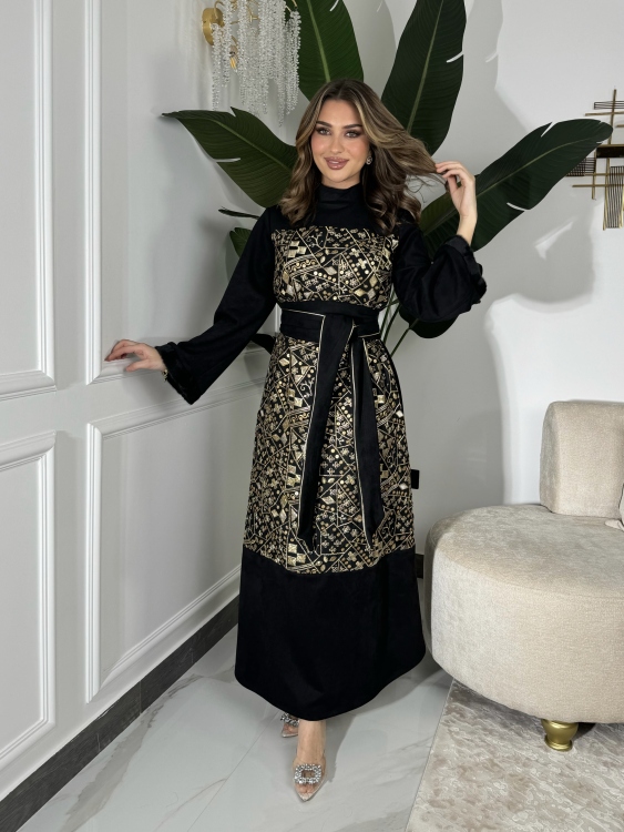 Jalabiya Dress With Fur Collar(دهبي)جلابية الكشخه 