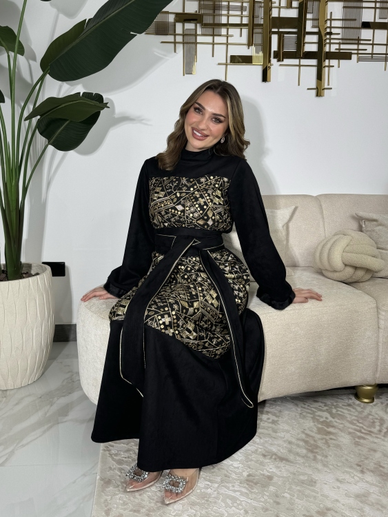 Jalabiya Dress With Fur Collar(دهبي)جلابية الكشخه 