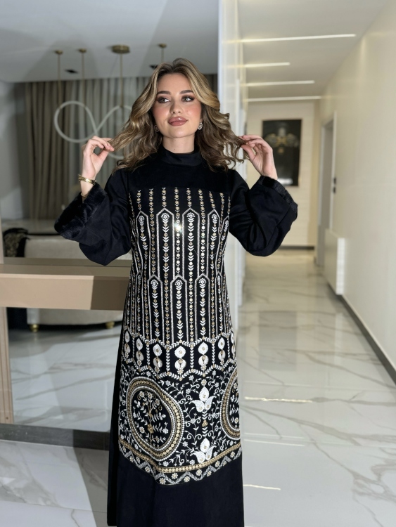 Jalabiya Dress With Fur Collar (دهبي وابيض)جلابية الكشخه 