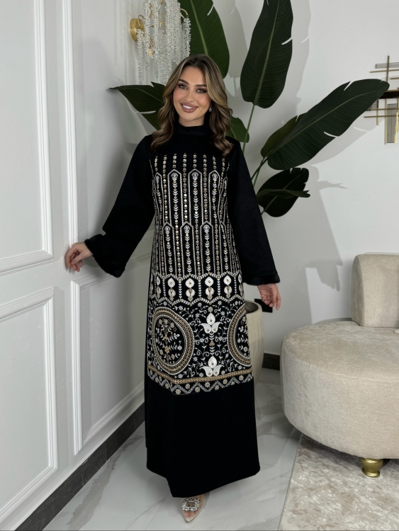 Jalabiya Dress With Fur Collar (دهبي وابيض)جلابية الكشخه 