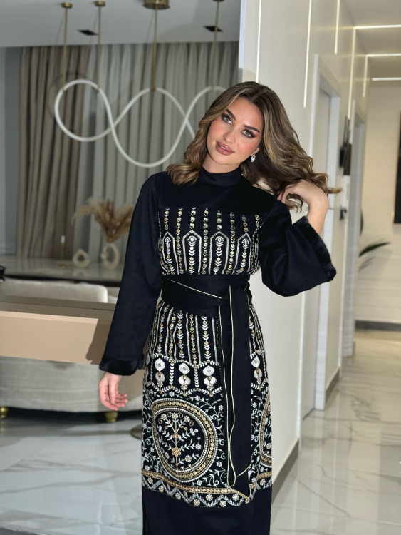 Jalabiya Dress With Fur Collar (دهبي وابيض)جلابية الكشخه 