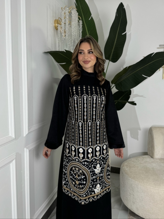 Jalabiya Dress With Fur Collar (دهبي وابيض)جلابية الكشخه 