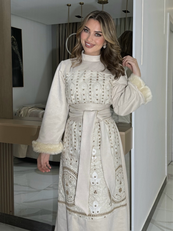 Jalabiya Dress With Fur Collar (دهبي)جلابية الكشخه