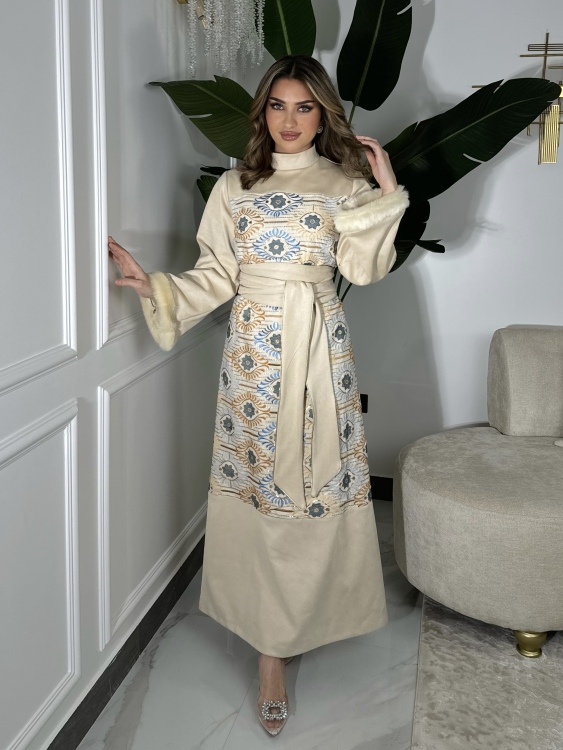  Jalabiya Dress With Fur Collar (بيج وازرق) الكشخه