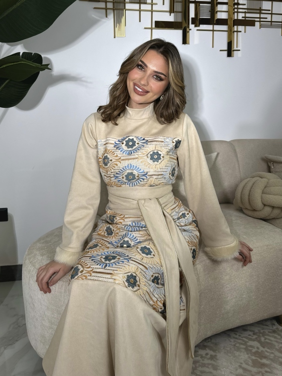  Jalabiya Dress With Fur Collar (بيج وازرق) الكشخه