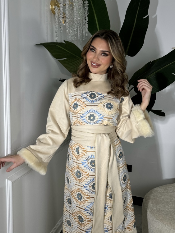  Jalabiya Dress With Fur Collar (بيج وازرق) الكشخه