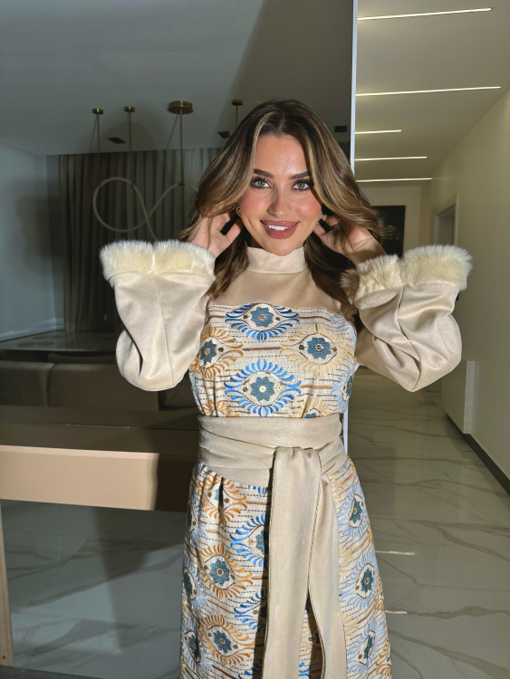  Jalabiya Dress With Fur Collar (بيج وازرق) الكشخه