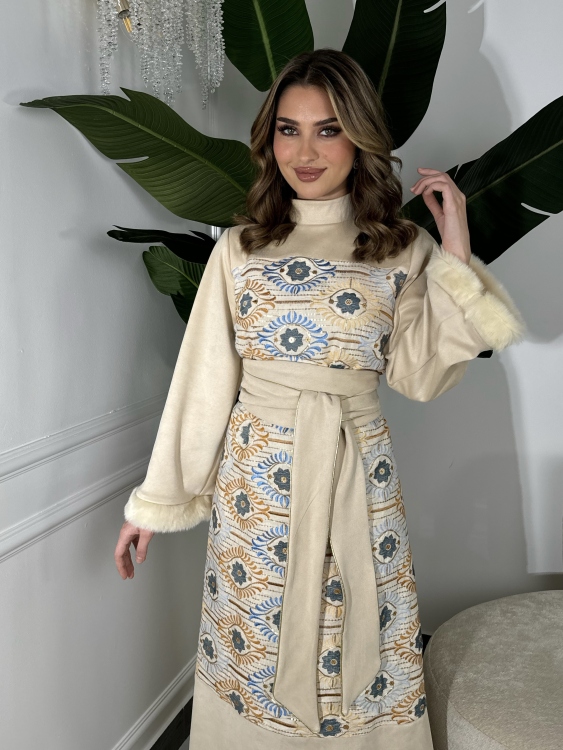  Jalabiya Dress With Fur Collar (بيج وازرق) الكشخه