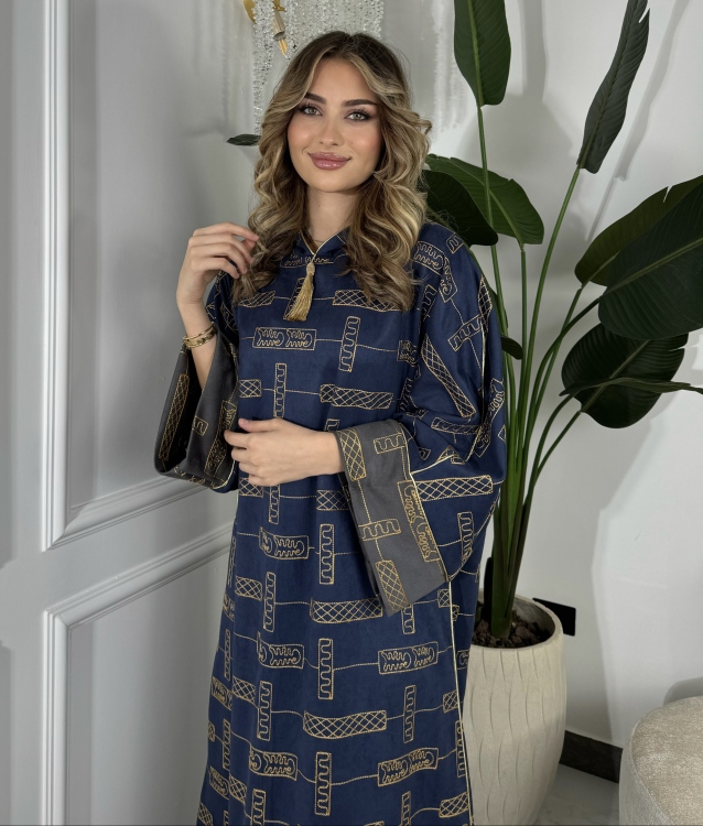 Full Detailed Hooded Jalabiya(Dark-blue) مغربية