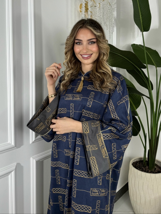 Full Detailed Hooded Jalabiya(Dark-blue) مغربية