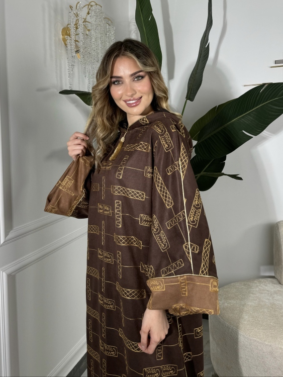 Full Detailed Hooded Jalabiya(Brown) المغربية