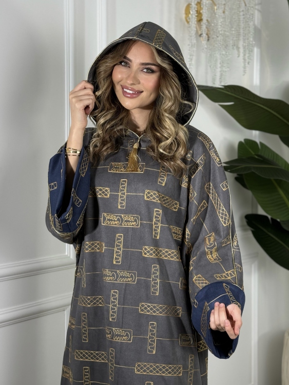 Full Detailed Hooded Jalabiya(Grey) المغربية