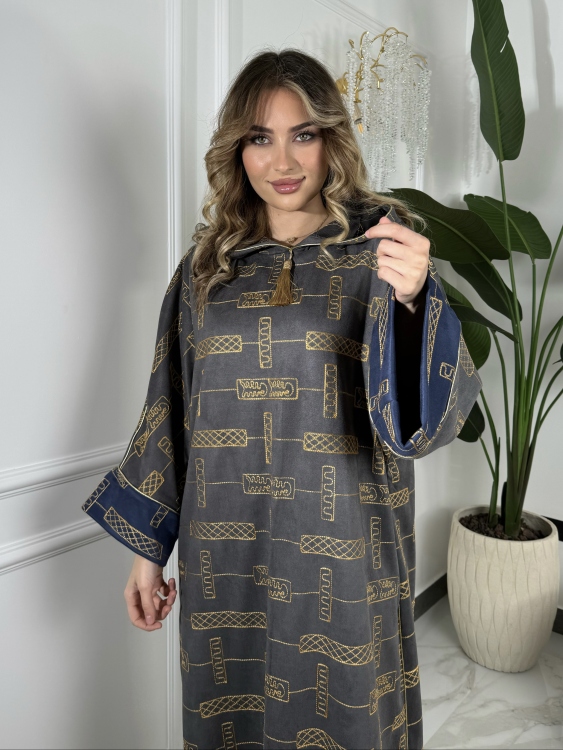 Full Detailed Hooded Jalabiya(Grey) المغربية