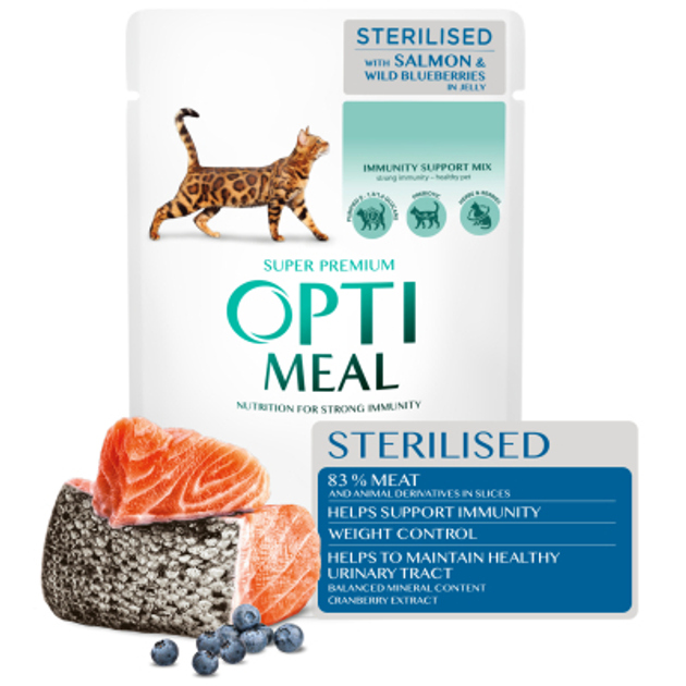 Optimeal wet cat food for sterilized/neutered cats with salmon and blueberries in jelly 85 g