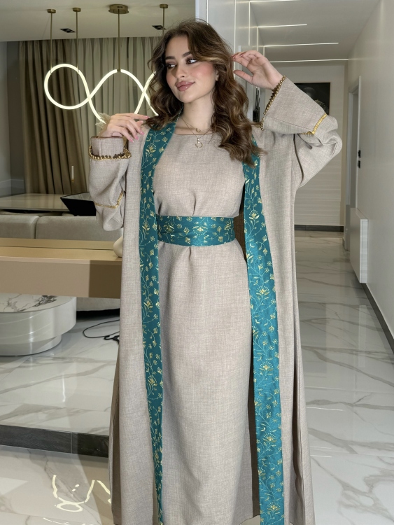  اللولوه Dark Beiege With Blue Detailed Abaya