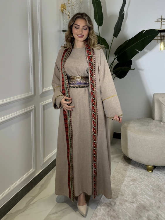  اللولوه Dark Biege Dress With Abaya 