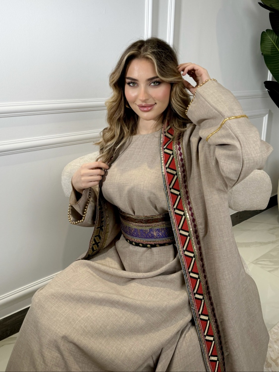  اللولوه Dark Biege Dress With Abaya 