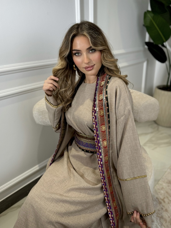  اللولوه Dark Biege Dress With Abaya 