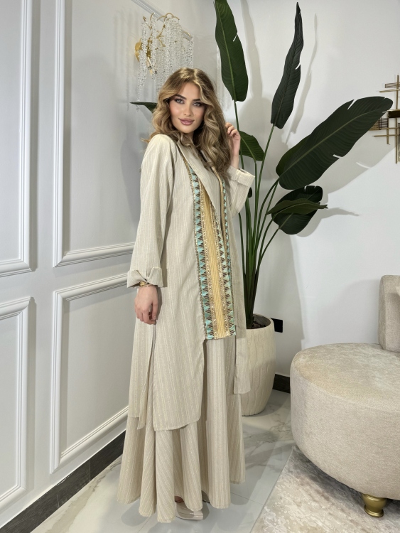 Beige-golded Linen Two Piece Set Jalabiya بوكهانتس