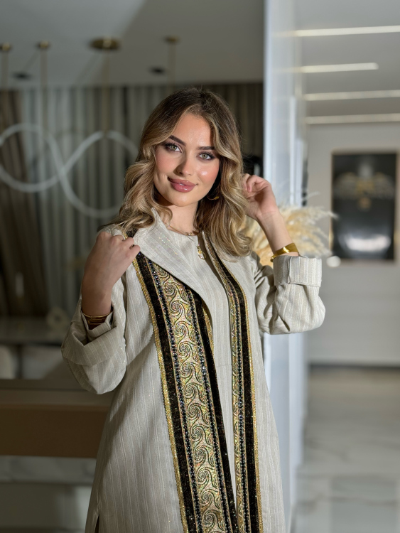 Beige-golded Linen Two Piece Set Jalabiya بوكهانتس