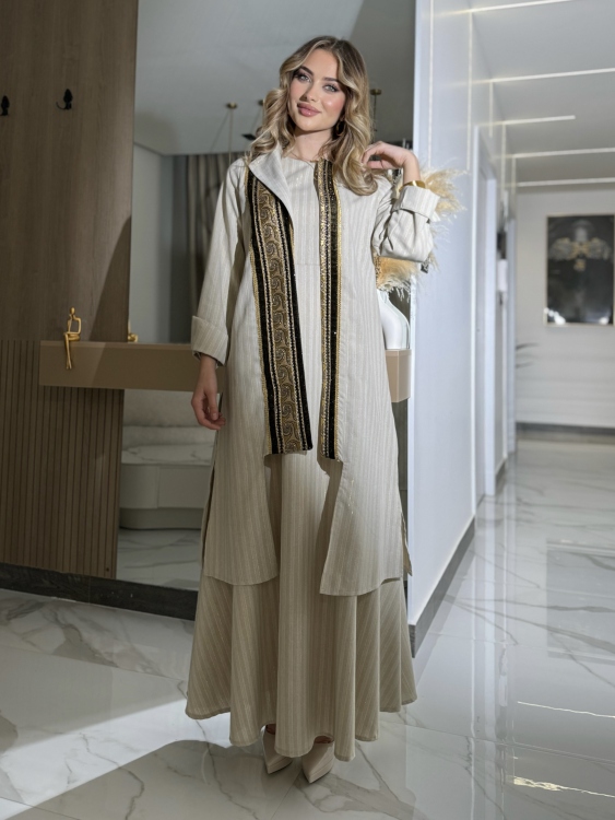 Beige-golded Linen Two Piece Set Jalabiya بوكهانتس