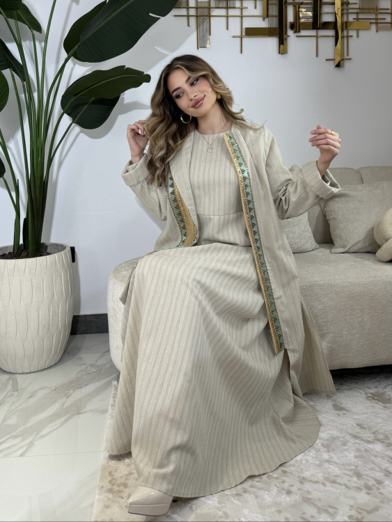 Beige-golded Linen Two Piece Set Jalabiya بوكهانتس