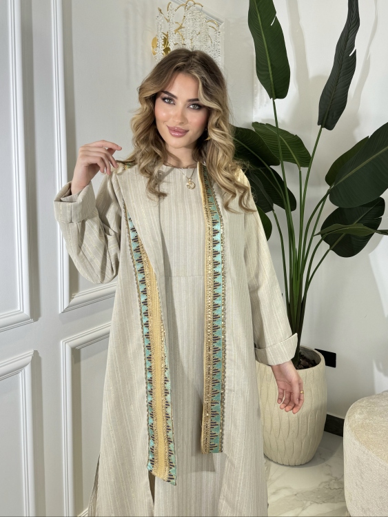 Beige-golded Linen Two Piece Set Jalabiya بوكهانتس